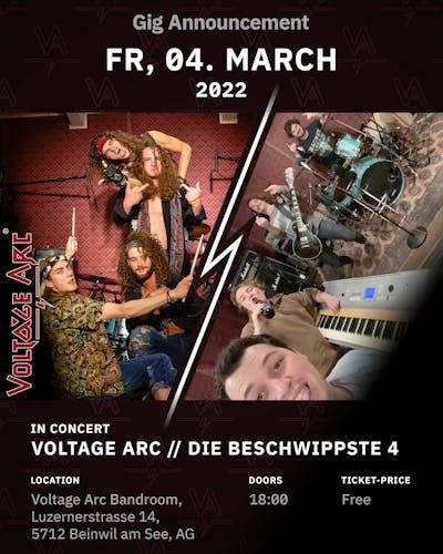 Flyer of the gig on 04.03 with Voltage Arc and the "Beschwippste Vier"